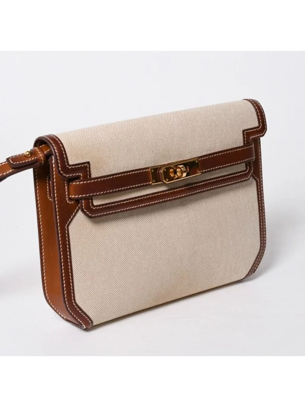 Hermes Kelly Depeches 25 Clutch Beige Brown Toile H Barenia Time